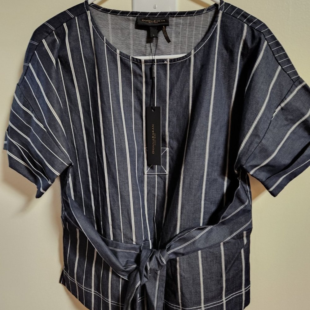 NWT Donna Karan New York Striped Navy Blue Top - Size S